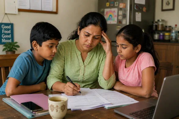 South Indian mother with two school-age children at a dining table